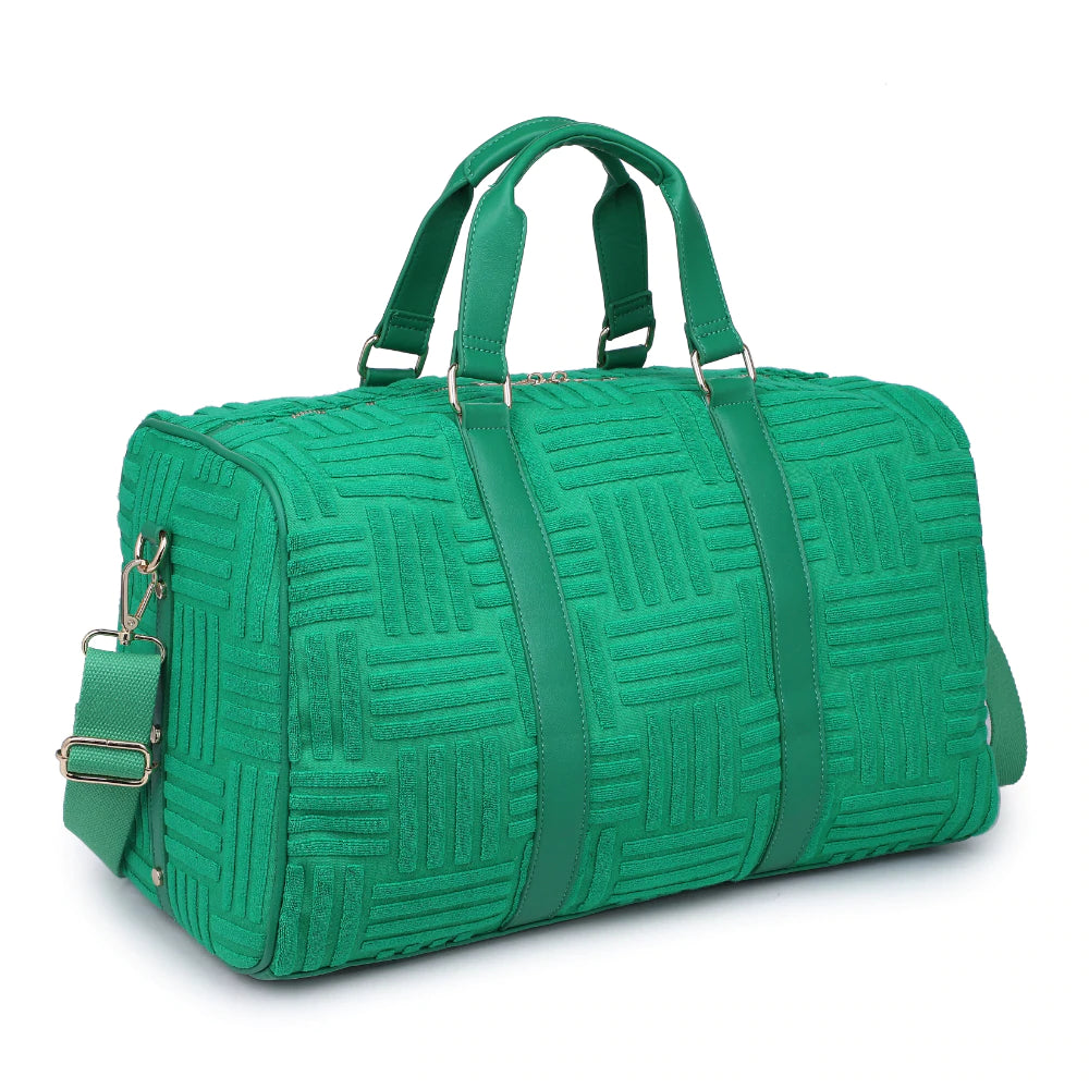 Green Weekender Terry Cloth Towel Fabric Duffle Bag. Capsule by Tonji. Black Woman Owned Business.