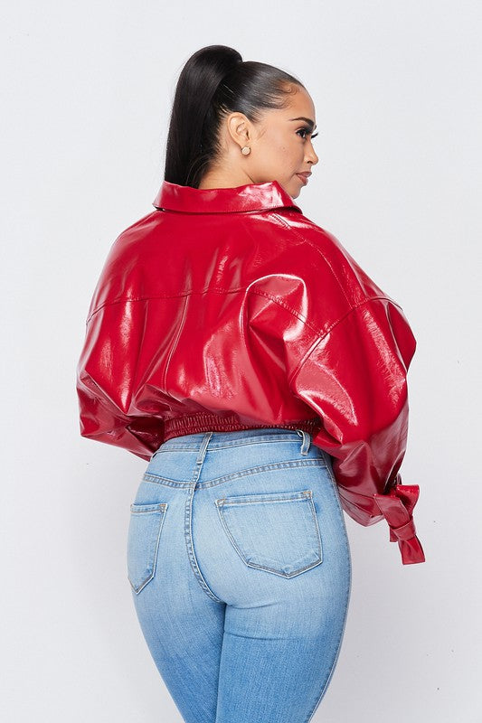 Aun Cherry Patent Leather Red Crop Jacket