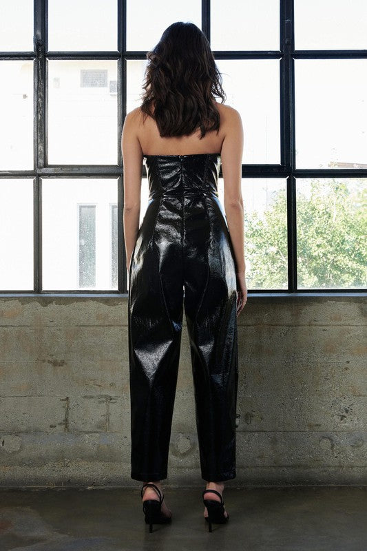 Black Patent Leather Strapless Jumpsuit