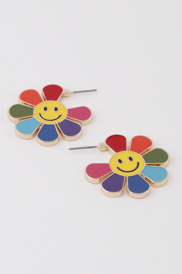 Rainbow Flower Smiley Enamel Earrings