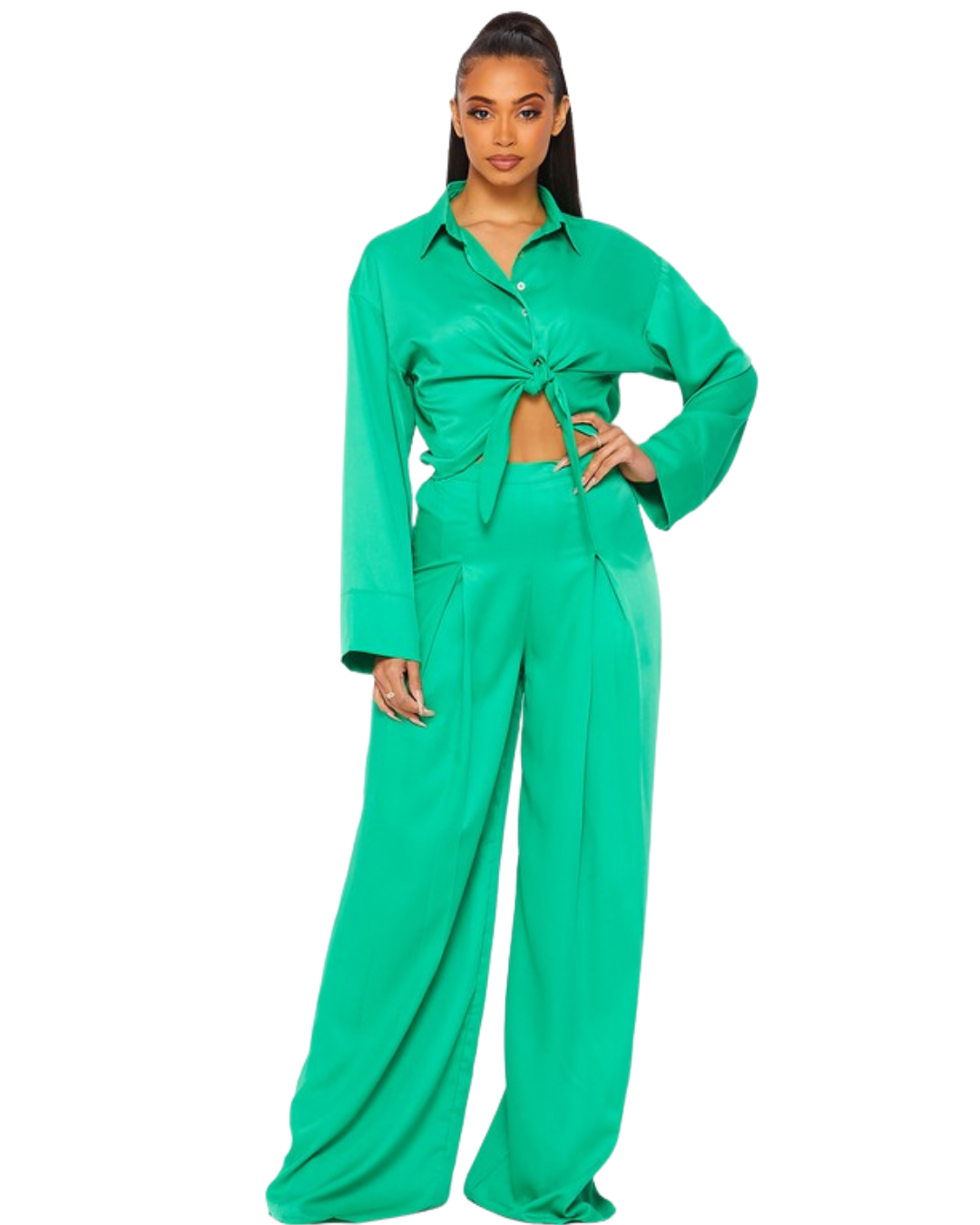 kelly green dress pants Two-Piece Pant Set Size:UK M (In-Rental) dia rise palazzo pants with ZAPAKA Women Dark Green