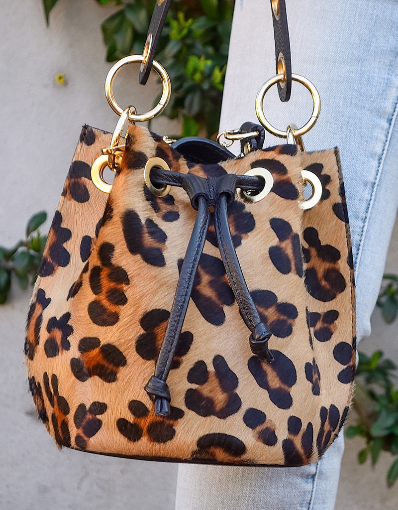 Mila Genuine Leather Pony Hair Bucket Bag Leopard