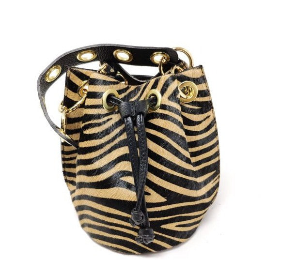 Mila Genuine Leather Pony Hair Bucket Bag | Tiger