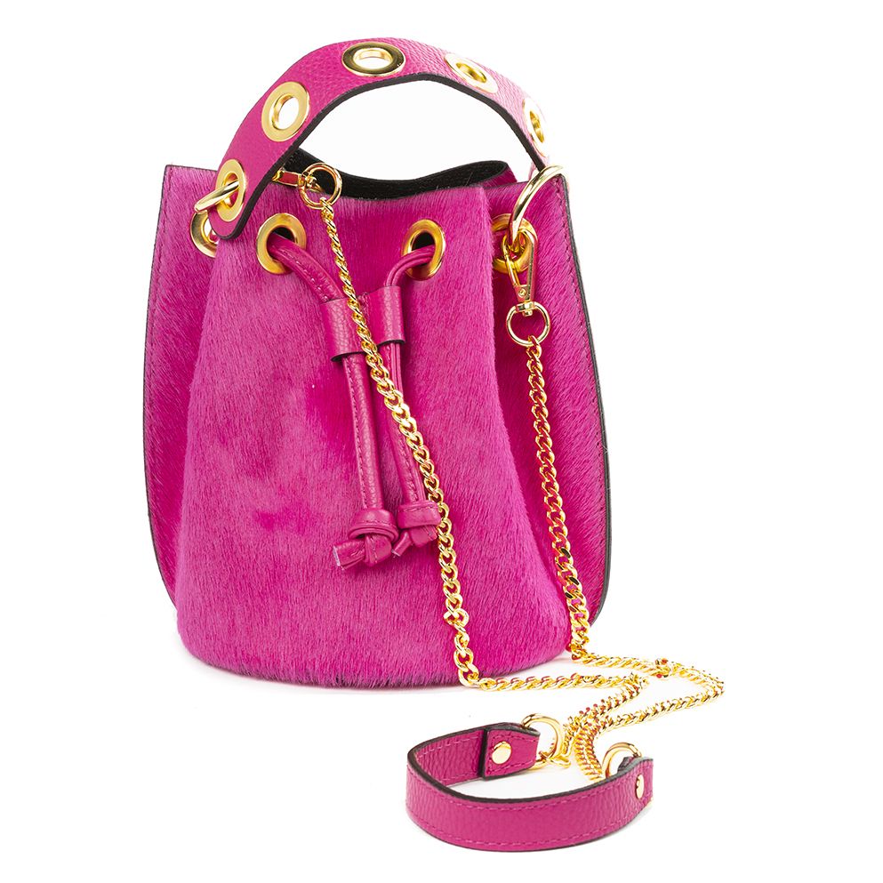 Mila Genuine Leather Pony Hair Bucket Bag | Fuschia Pink