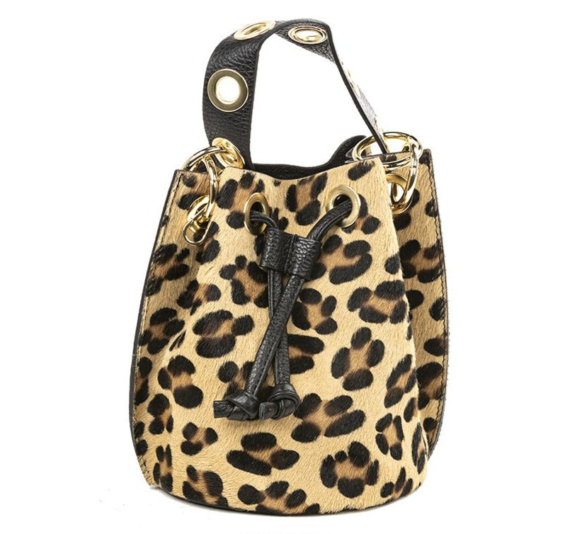 Mila Genuine Leather Pony Hair Bucket Bag | Leopard