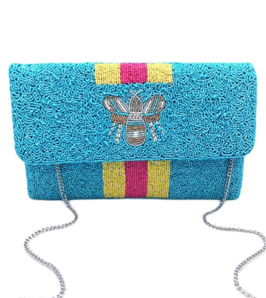 Bee YOU Blue Beaded Clutch