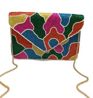 Colorful Print Beaded Clutch